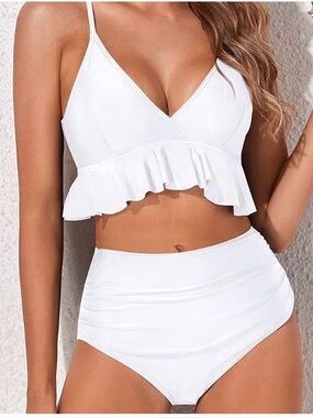 Tempt Me Women's High waist ruffle flounce bikini bathing suit Large White NEW